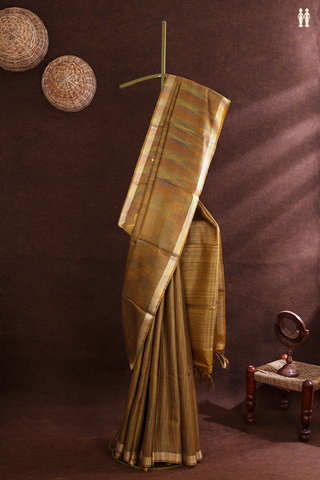 Tussar Silk Saree In Peanut Brown With Threadwork Stripes