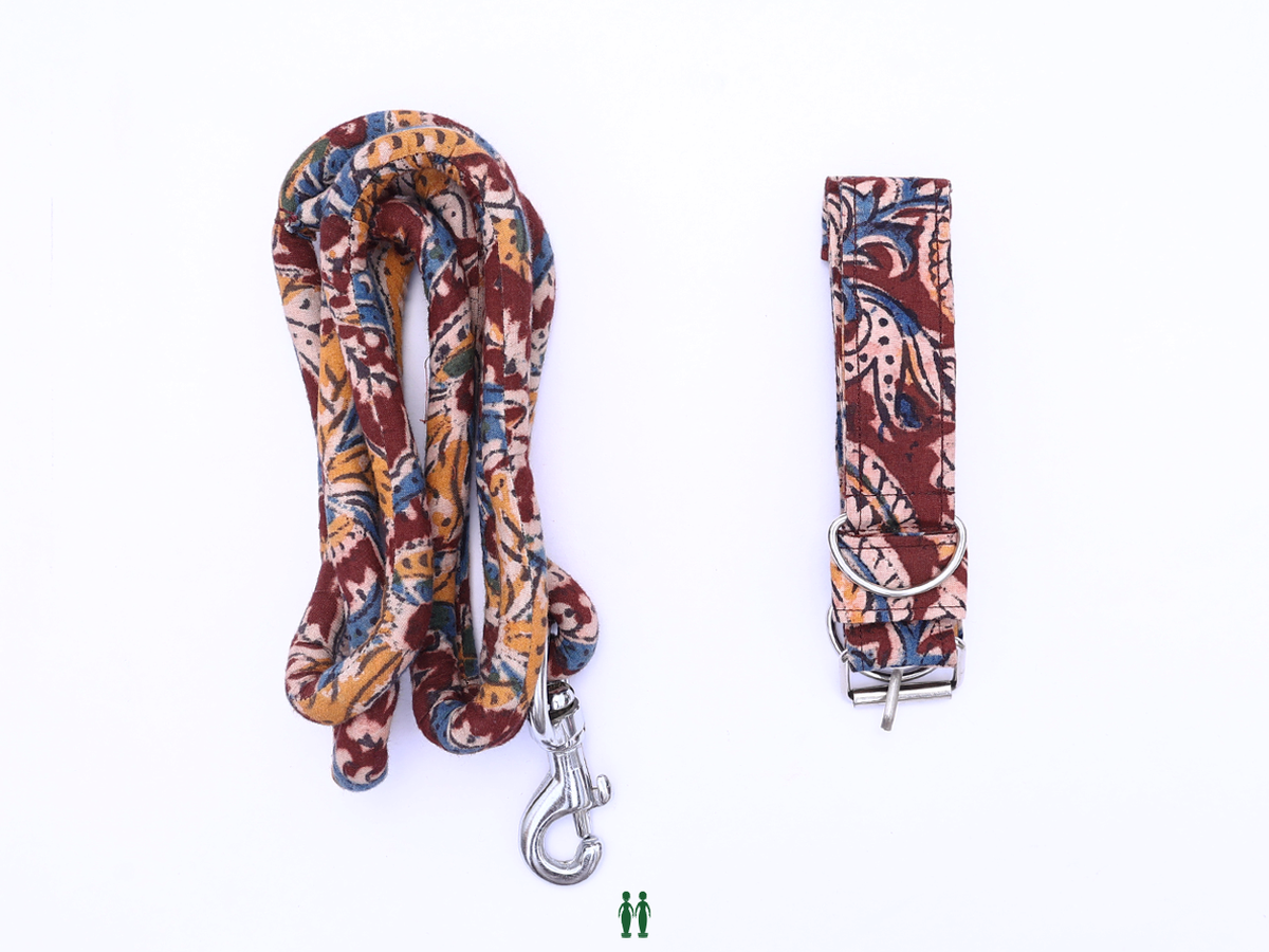 Multicolor Kalamkari Cotton Dog Collar With Rope Set