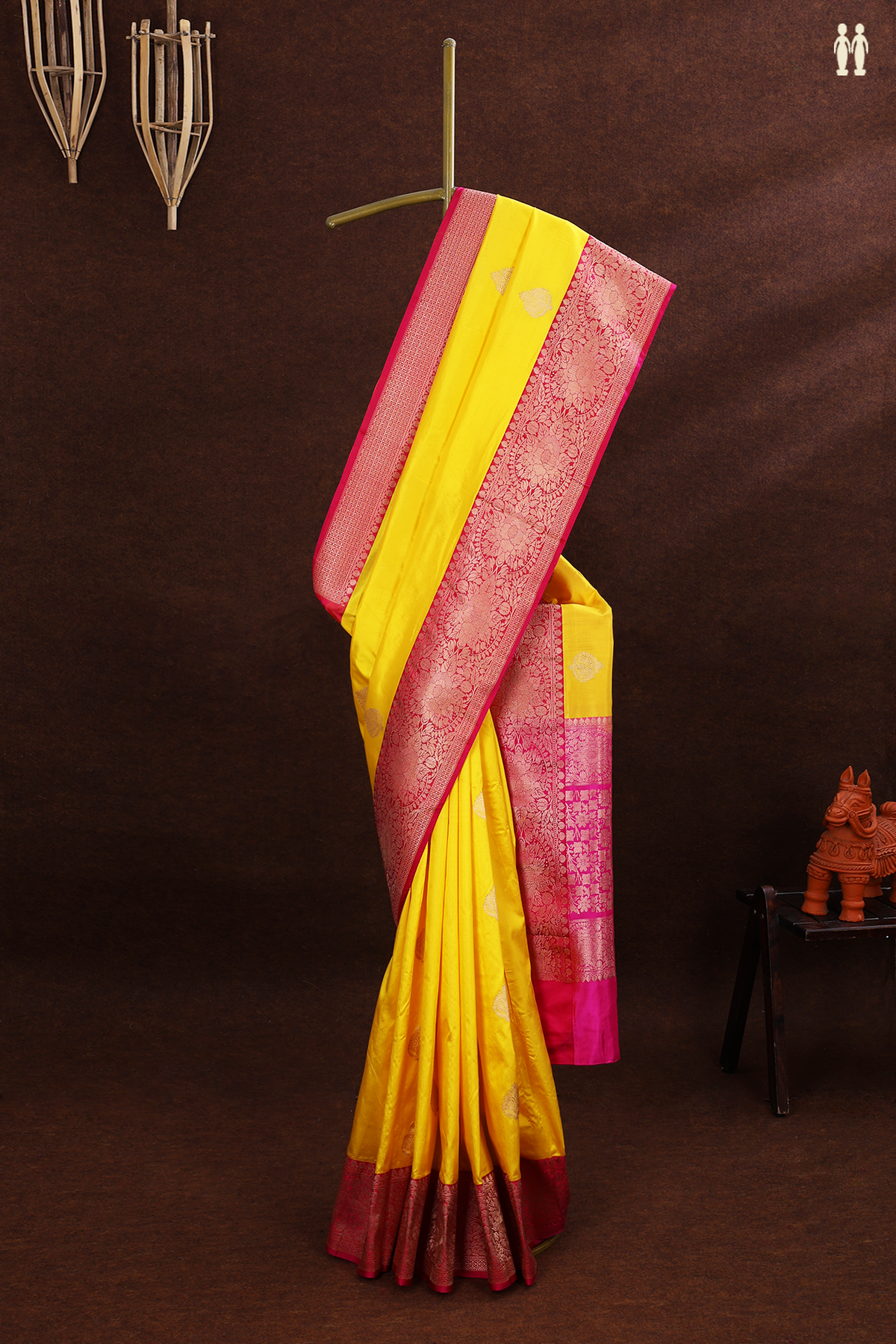 Thilagam Motifs Honey Yellow Banarasi Silk Saree