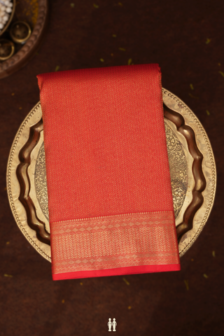 Kanchipuram Silk Saree In Coral Red With Chevron Design