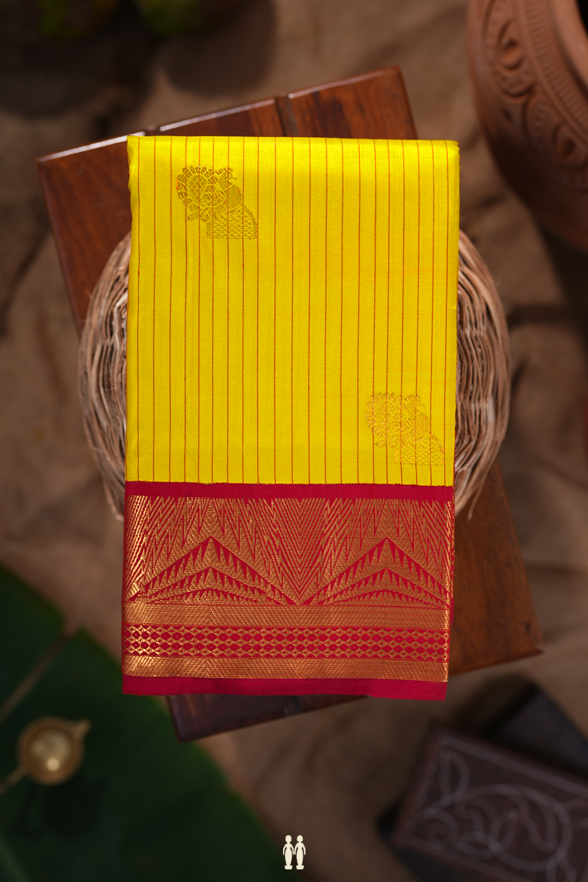 Kanchipuram Silk Saree In Yellow With Stripes Along Buttas