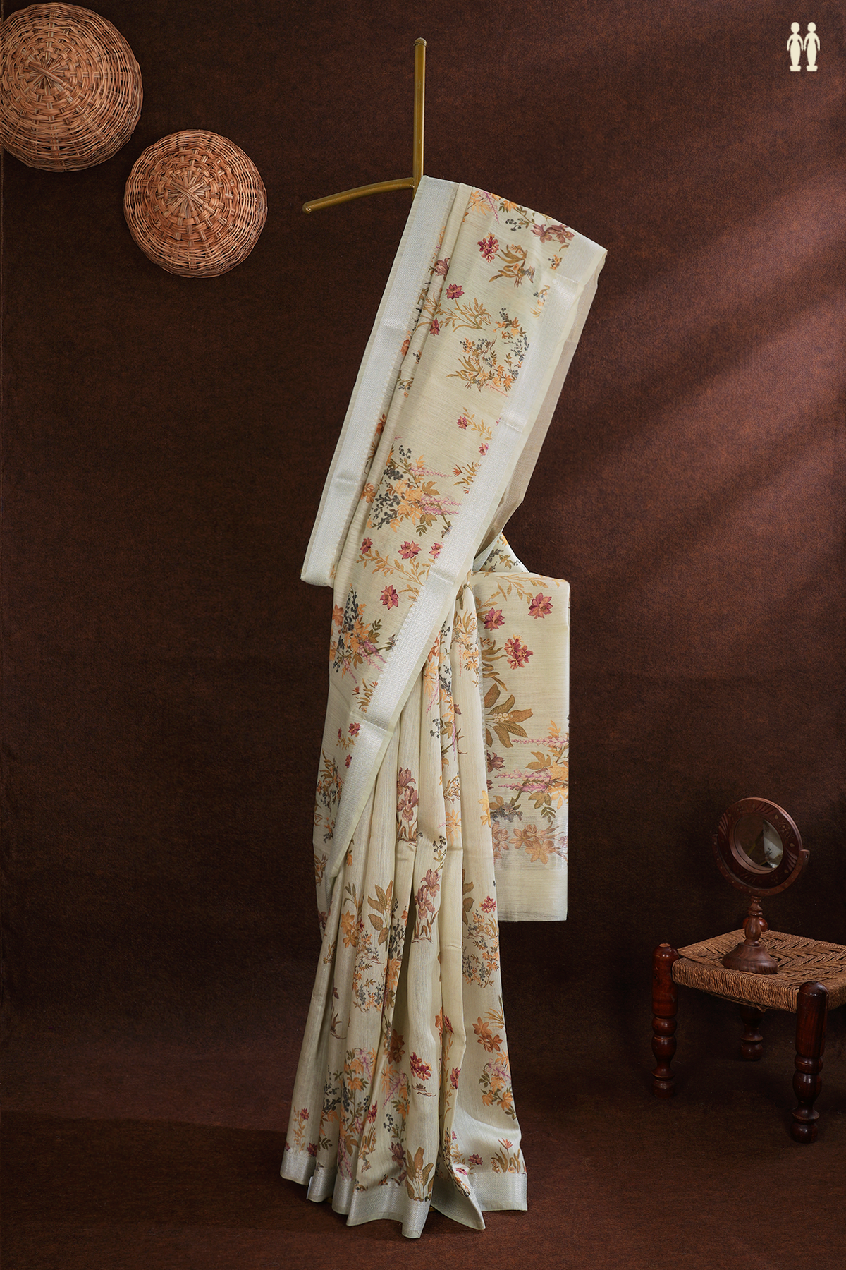 Tussar Silk Saree In Pale Green With Floral Printed Design