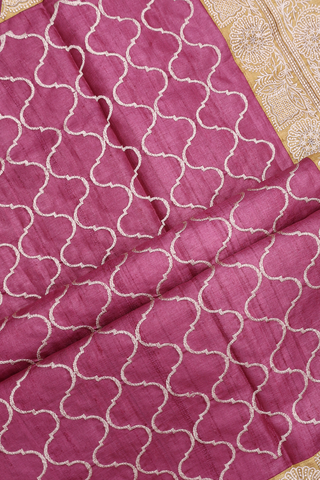 Threadwork Ogee Design Mulberry Pink Tussar Silk Saree