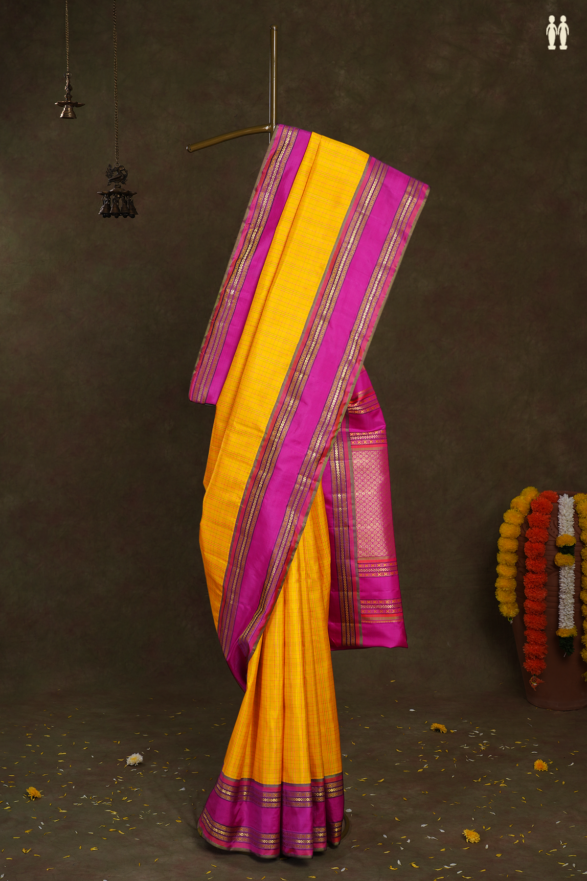 Allover Checked Design Saffron Yellow Kanchipuram Silk Saree