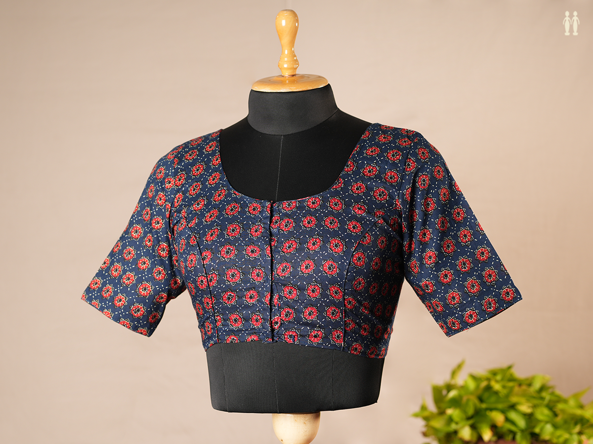 Floral Design Oxford Blue Ajrakh Cotton Readymade Blouse