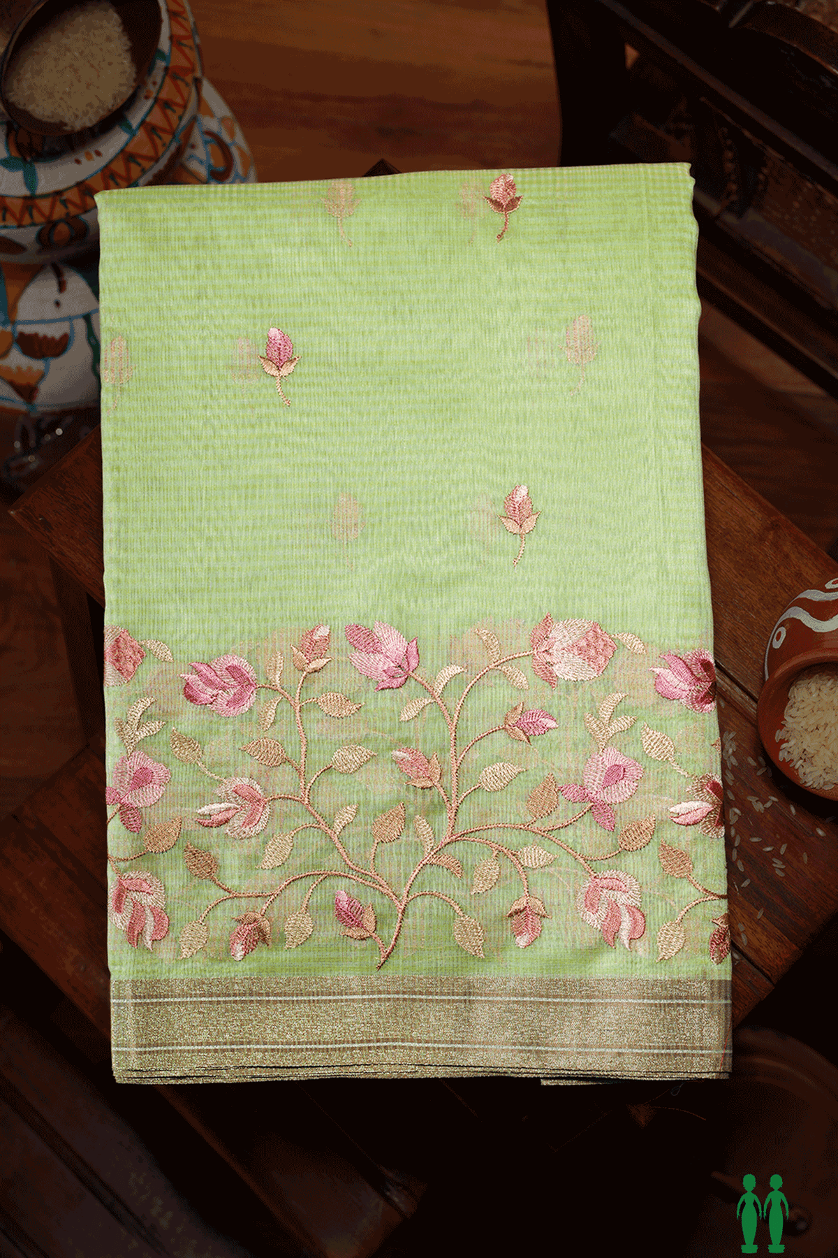 Floral Embroidered Buttas Pastel Green Kota Cotton Saree