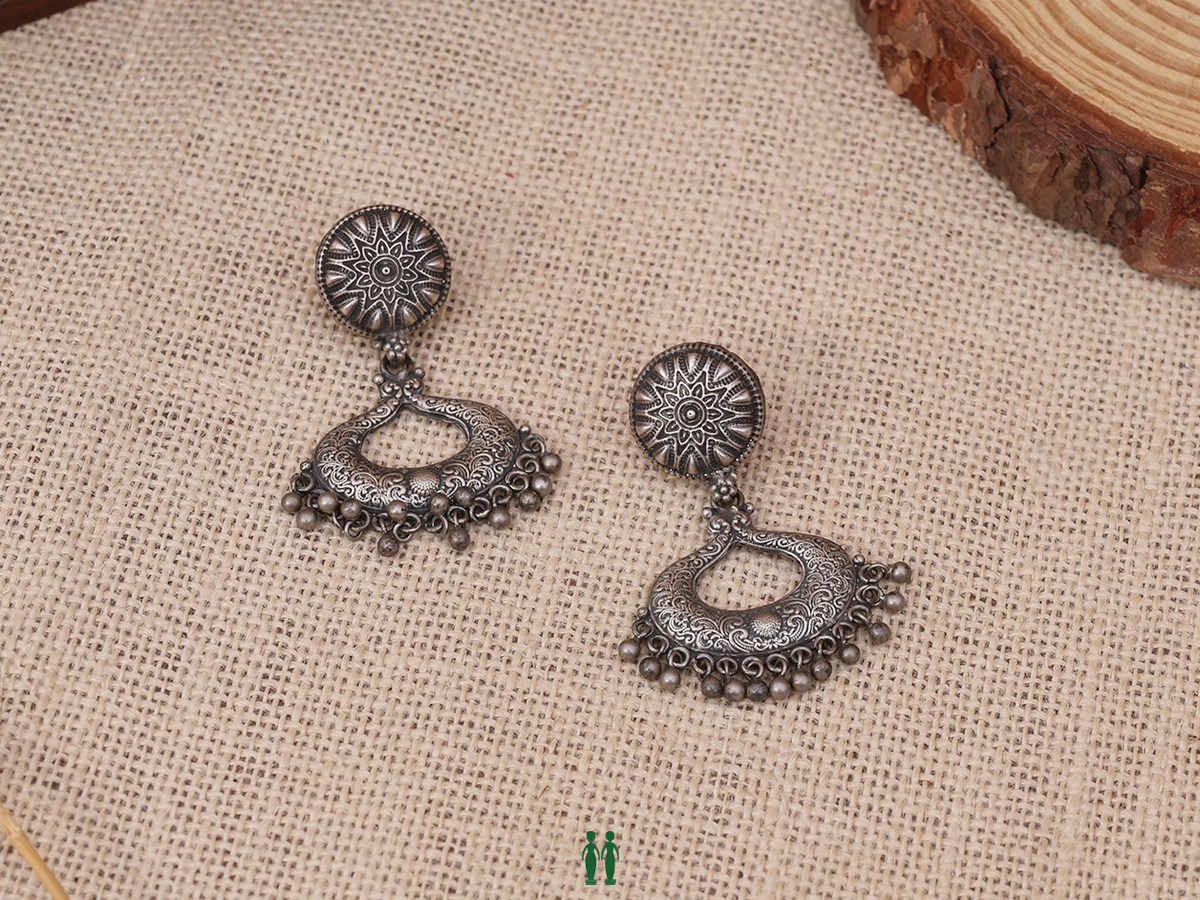 Chakram Stud Oxidised Silver Earrings