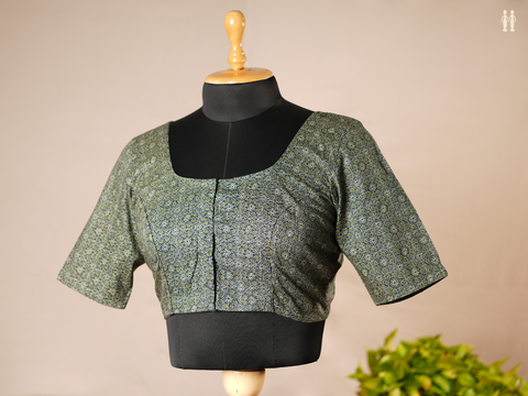 Floral Design Green And Blue Ajrakh Cotton Readymade Blouse