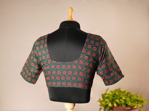 Floral Design Dark Green Ajrakh Cotton Readymade Blouse