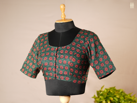 Floral Design Dark Green Ajrakh Cotton Readymade Blouse