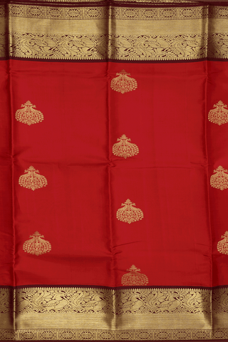 Peacock Zari Motifs Scarlet Red Kanchipuram Silk Saree