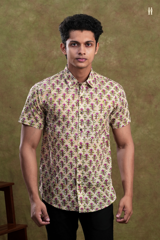 Regular Collar Floral Printed Cream Color Cotton Shirt