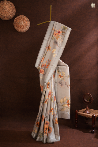 Tussar Silk Saree In Light Grey With Floral Printed Design