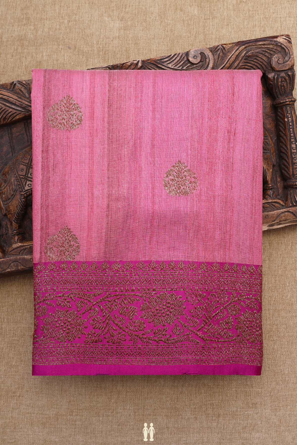 Floral Threadwork Motifs Pink Tussar Banarasi Silk Saree