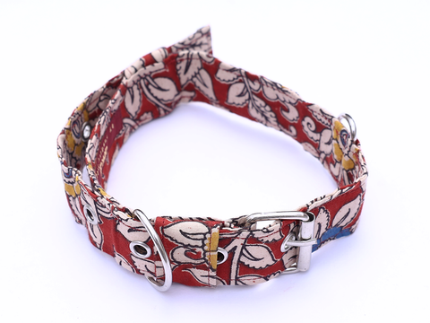 Ruby Red Kalamkari Cotton Dog Collar With Rope Set