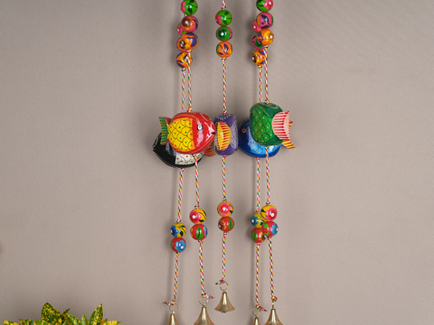 Handicraft Wooden Fish Design Wall Hanging With Bells