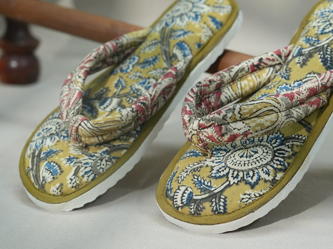 Allover Design Celery Yellow Kalamkari Cotton Slippers