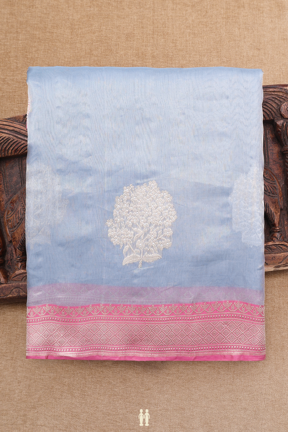 Kora Banarasi Silk Saree In Steel Blue With Threadwork Border