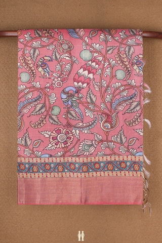 Floral Peacock Design Dusty Red Kalamkari Tussar Silk Saree