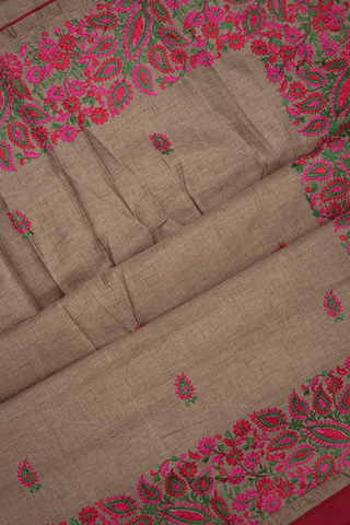 Floral Embroidery Motifs Pastel Brown Semi Tussar Silk Saree