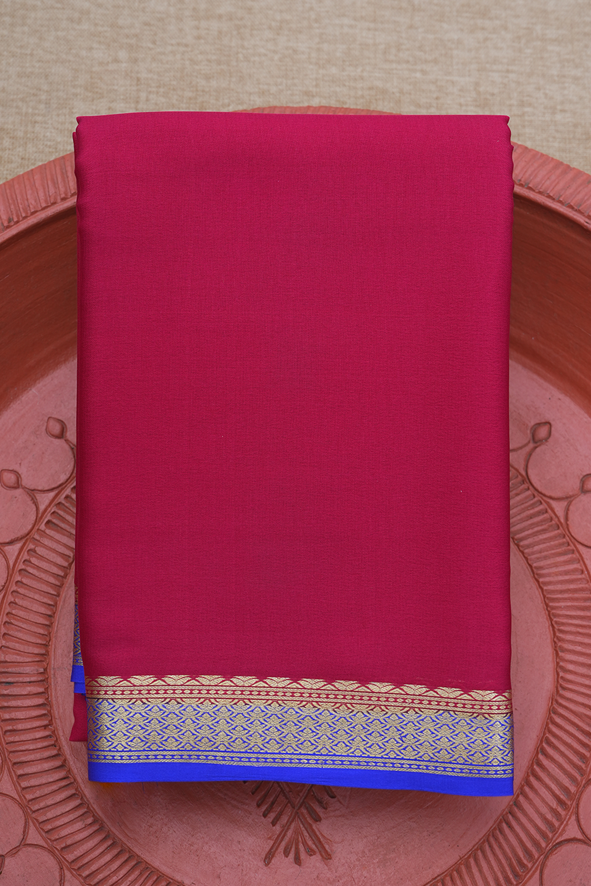 Floral Zari Border Plain Rose Red Mysore Silk Saree