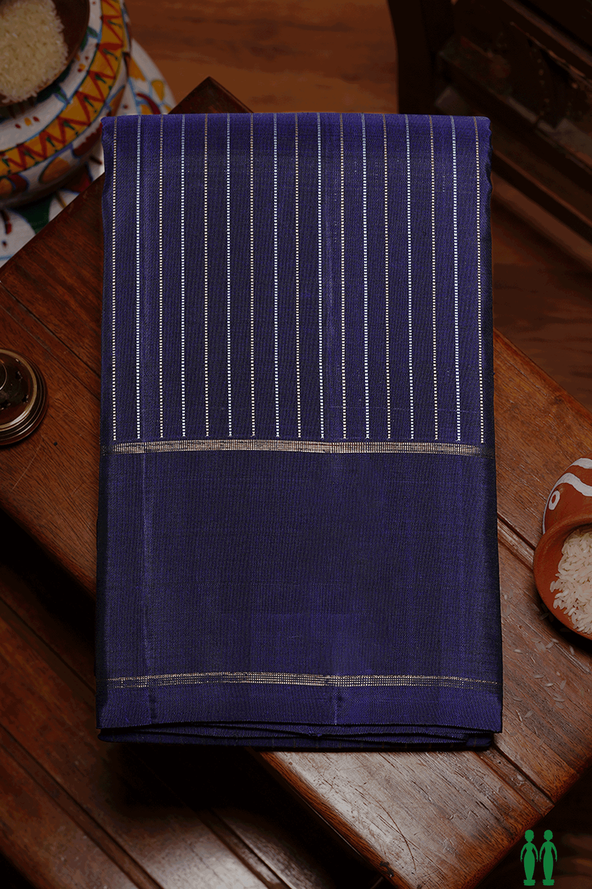 Stripes Threadwork Design Navy Blue Kanchipuram Silk Saree