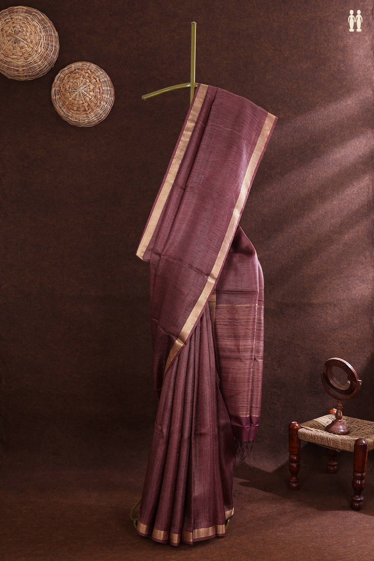 Tussar Silk Saree In Cocoa Brown With Stripes Design