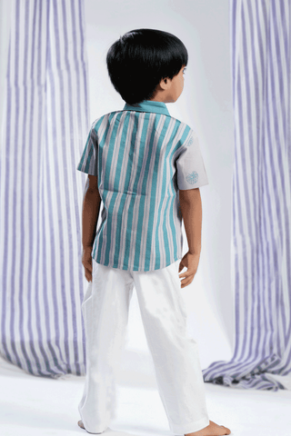 Regular Collar Stripes Design Pale Purple And Blue Semi Linen Shirt