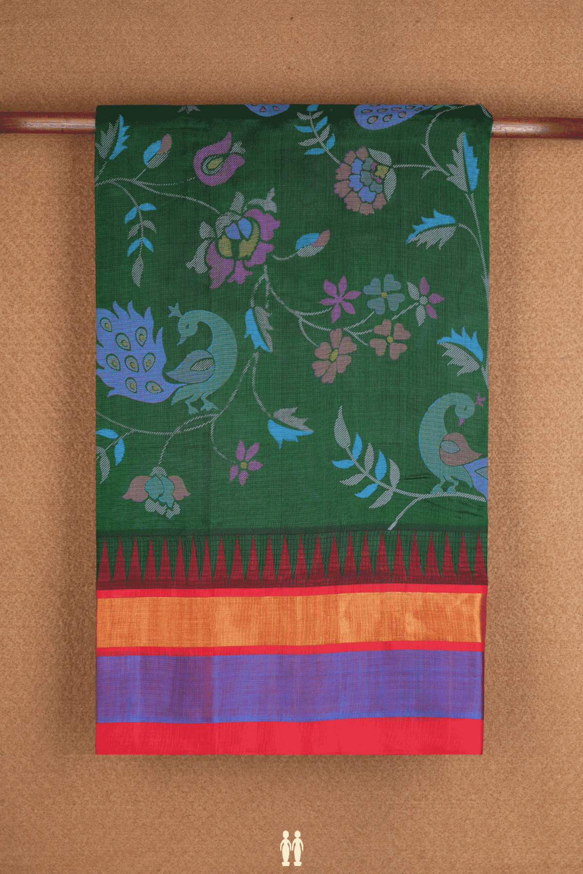 Peacock And Floral Design Forest Green Silk Cotton Saree