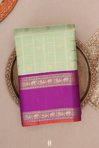 Checks With Buttas Cream Green Kanchipuram Silk Saree