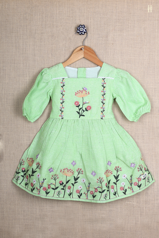 Round Neck Floral Design Green Semi Linen Frock