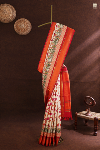 Floral Hand Painted Design Ivory Kanchipuram Silk Saree