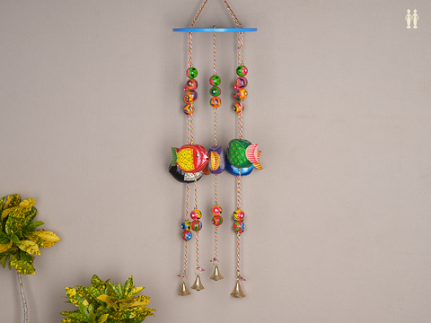 Handicraft Wooden Fish Design Wall Hanging With Bells