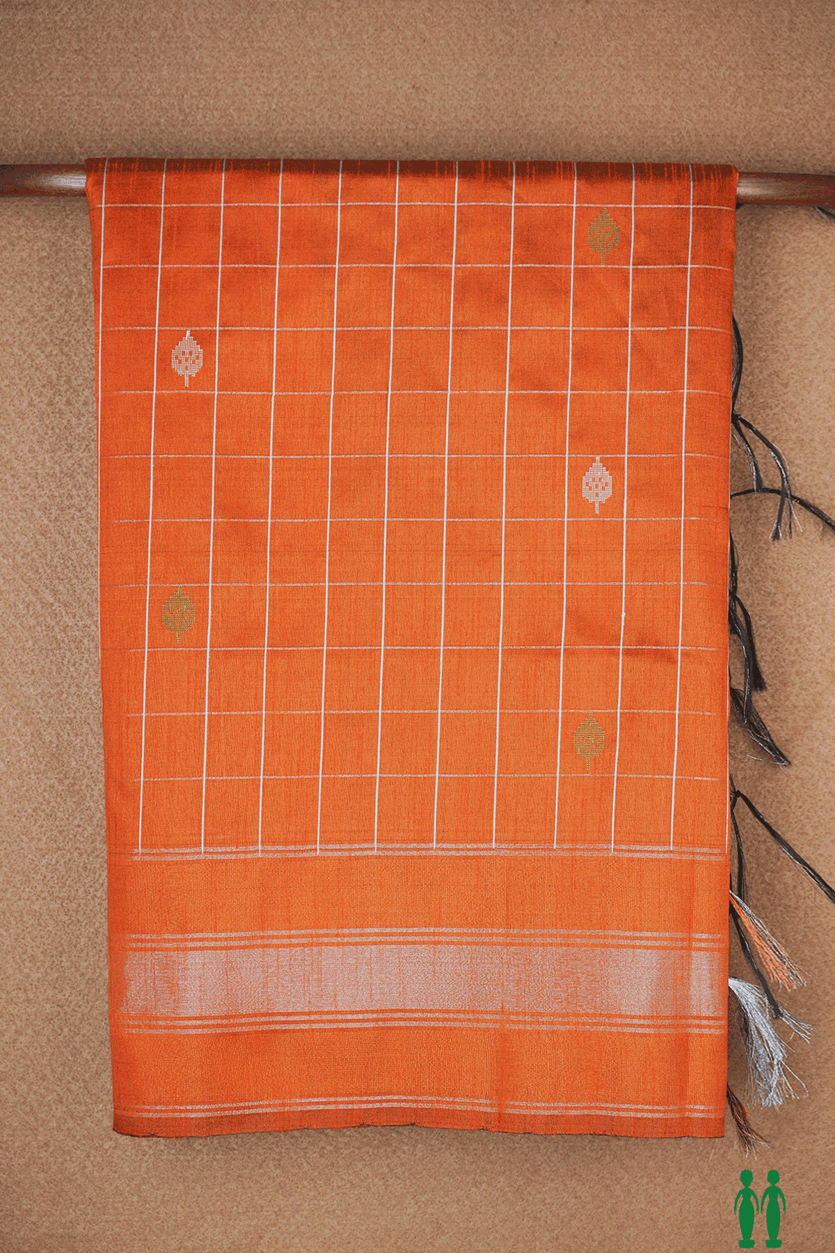 Checks With Threadwork Buttas Spiced Orange Semi Jute Saree