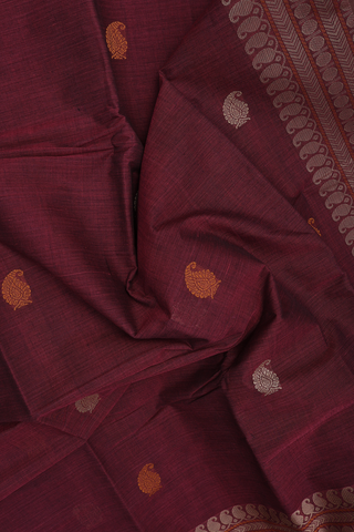 Paisley Threadwork Buttas Burgundy Red Kanchi Cotton Saree