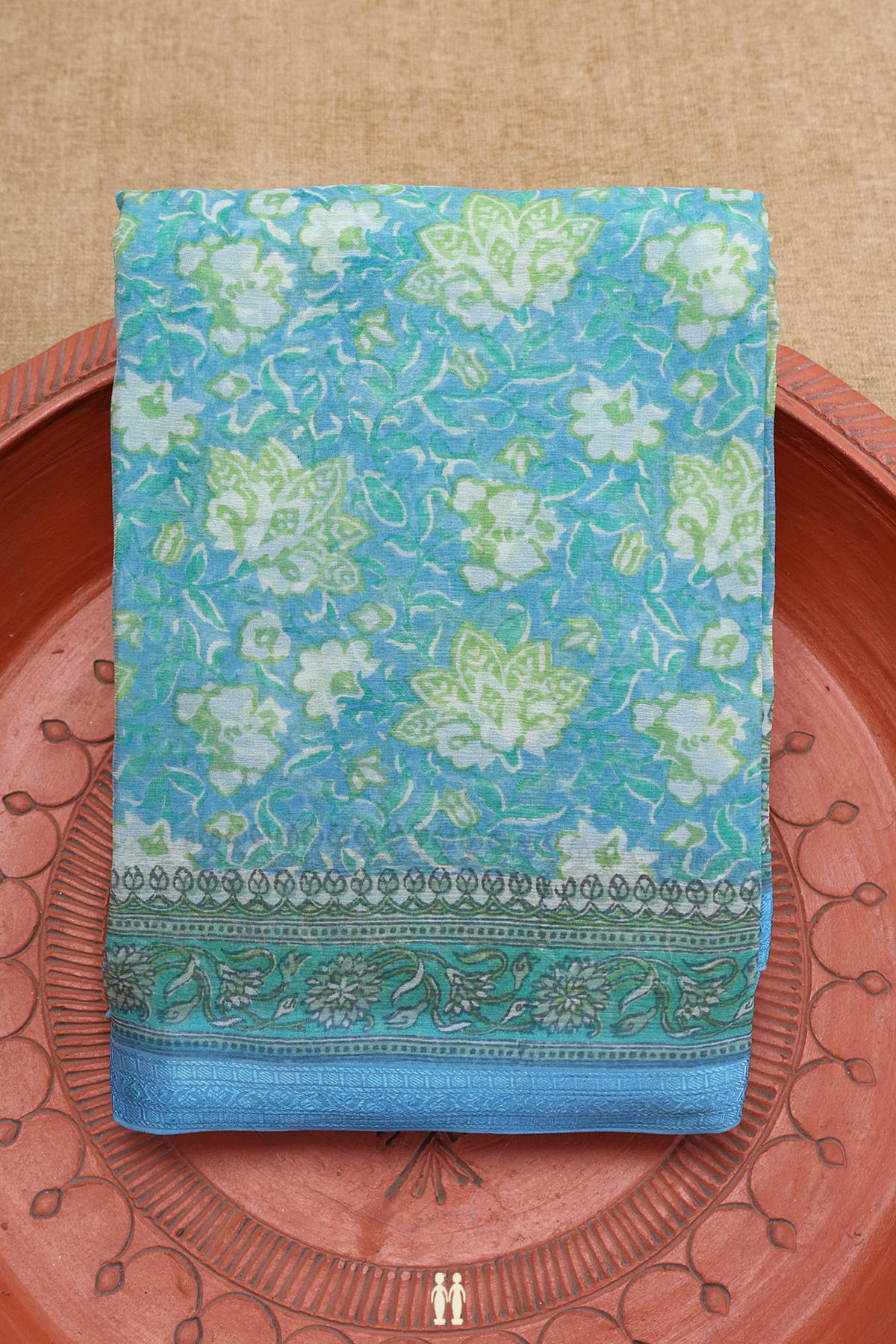 Floral Digital Printed Turkish Blue Chiffon Saree