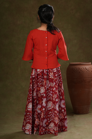 Round Neck Floral Design Red Jaipur Cotton Top And Skirt Set