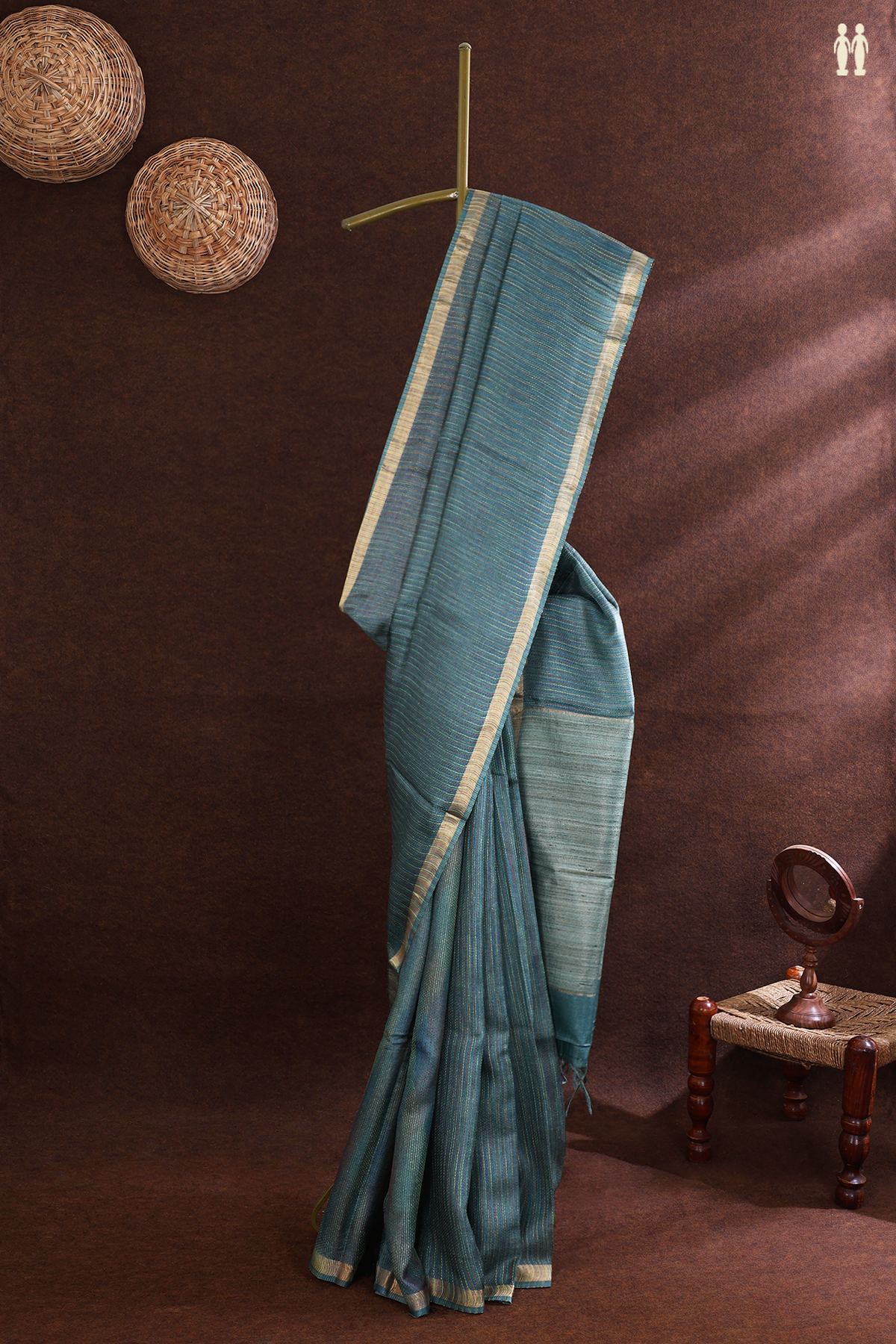 Tussar Silk Saree In Turkish Green With Threadwork Stripes