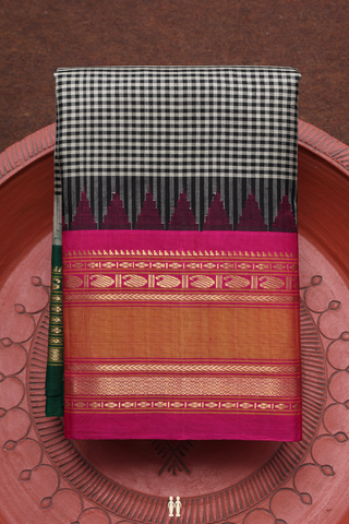 Gadwal Silk Saree In Black And Beige With Small Checks Design