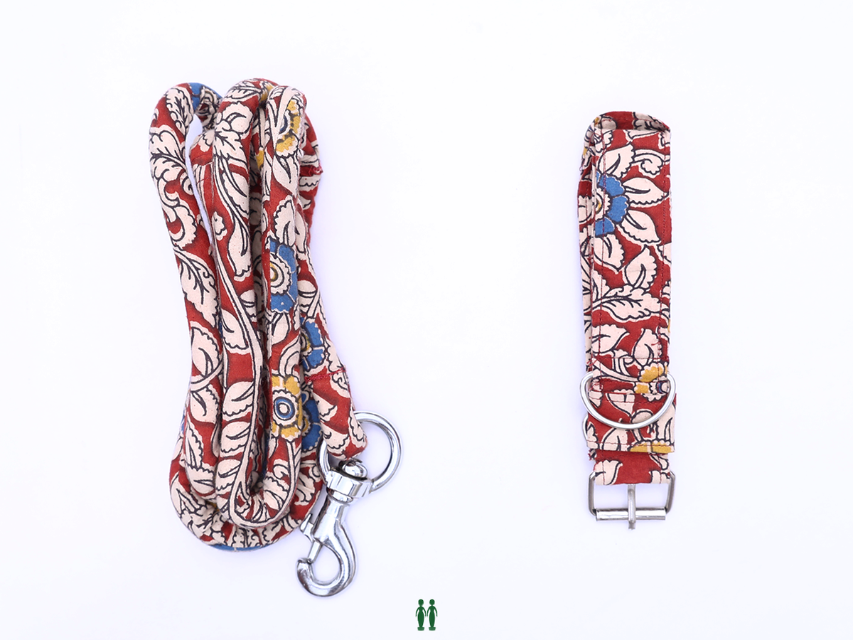 Ruby Red Kalamkari Cotton Dog Collar With Rope Set