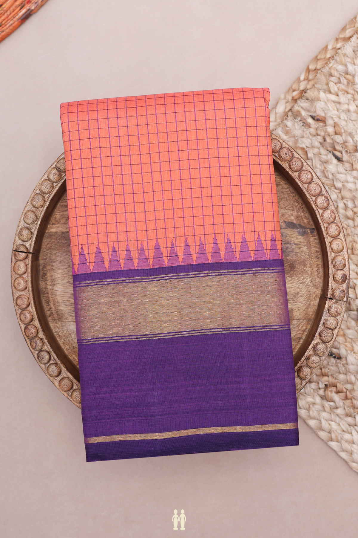 Kanchipuram Silk Saree In Coral Pink With Checked Design