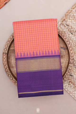 Kanchipuram Silk Saree In Coral Pink With Checked Design