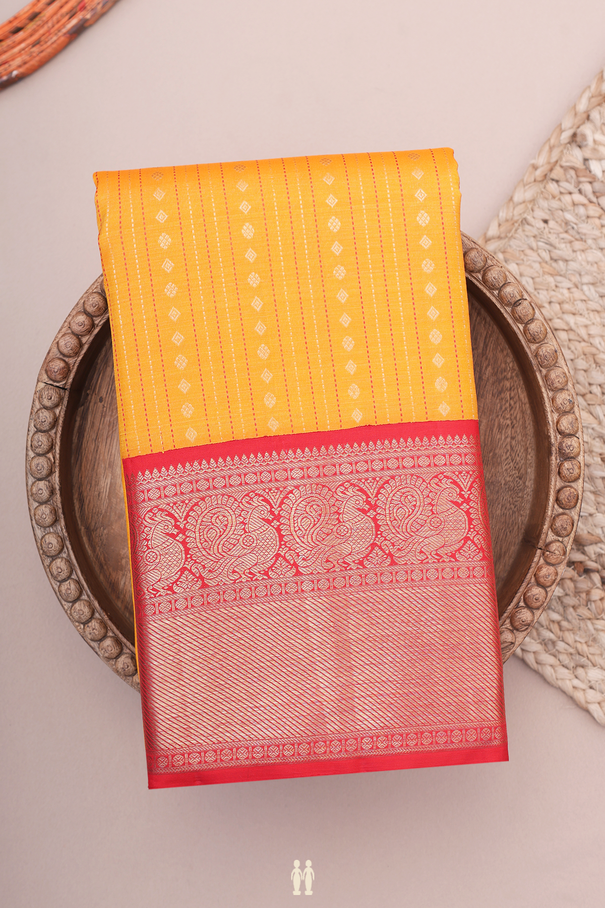 Kanchipuram Silk Saree In Marigold Orange With Stripes Design