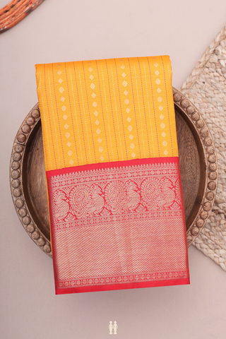 Kanchipuram Silk Saree In Marigold Orange With Stripes Design