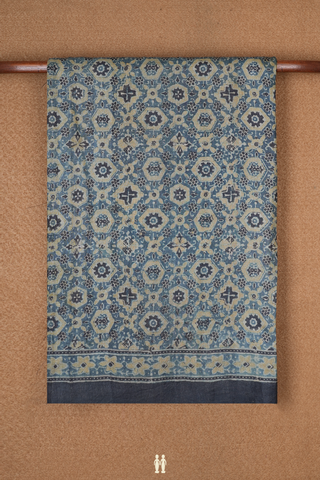 Ajrakh Printed Aegean Blue Tussar Silk Saree