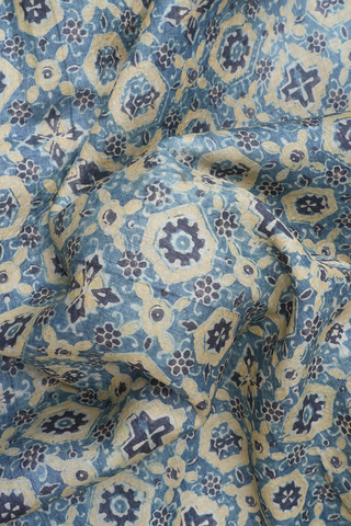 Ajrakh Printed Aegean Blue Tussar Silk Saree