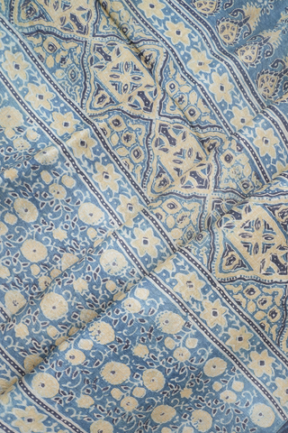 Ajrakh Printed Aegean Blue Tussar Silk Saree