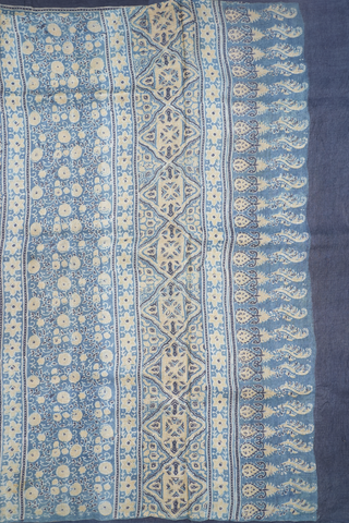 Ajrakh Printed Aegean Blue Tussar Silk Saree