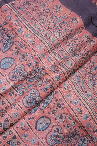 Ajrakh Printed Brick Red Tussar Silk Saree