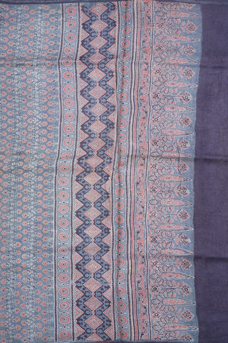 Ajrakh Printed Stone Blue Tussar Silk Saree